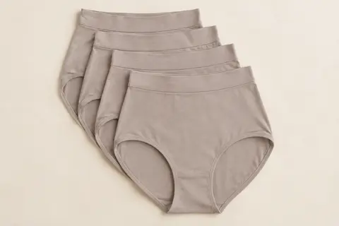 Lot de cinq culottes femme taille haute à entrejambe doublé, présenté seul sur un fond ivoire