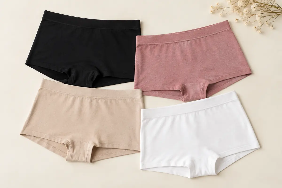 Lot de quatre shorties femme Wirarpa en coton extensible, présentés à plat sur un fond clair.