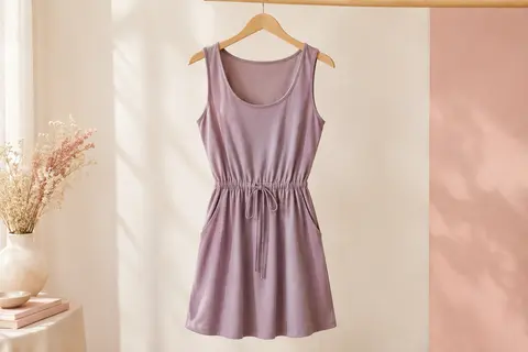 Robe d’été courte sans manches avec col en U, cordon à la taille et poches latérales, présentée sur un cintre.