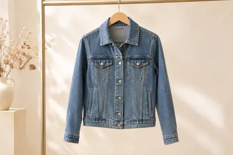 Veste en jean femme présentée sur cintre, avec fermeture à boutons et poches sur le devant
