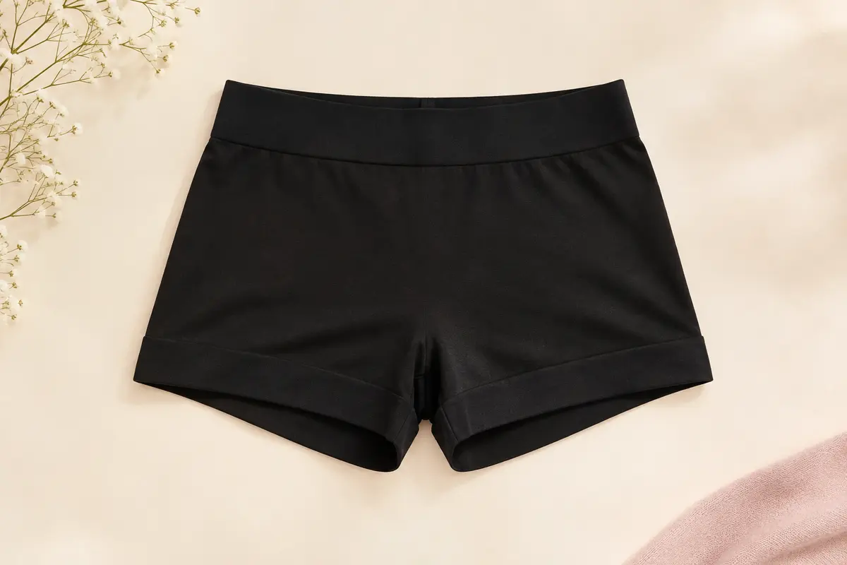 Shorty femme noir à taille élastique élargie et finitions épaissies, présenté à plat sur fond ivoire.