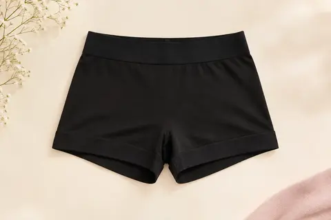 Shorty femme noir à taille élastique élargie et finitions épaissies, présenté à plat sur fond ivoire.