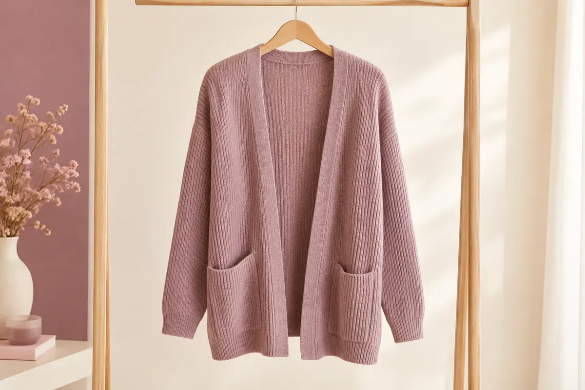 Cardigan Yommay ouvert en maille côtelée, avec col en V, manches longues et deux poches avant.