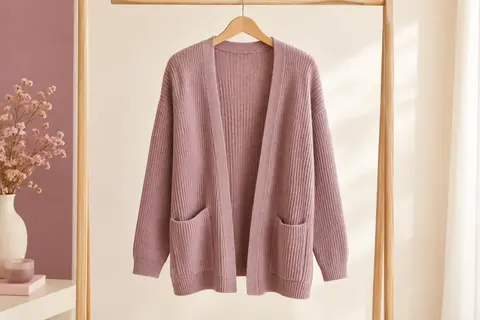 Cardigan Yommay ouvert en maille côtelée, avec col en V, manches longues et deux poches avant.