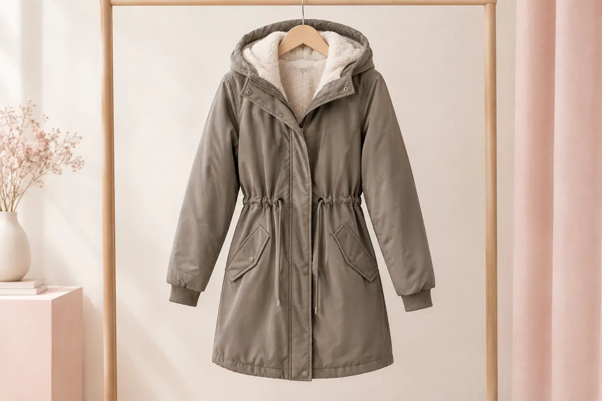 Parka femme mi-longue avec capuche doublée, cordon à la taille et deux poches à rabat, présentée sur cintre