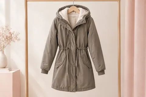 Parka femme mi-longue avec capuche doublée, cordon à la taille et deux poches à rabat, présentée sur cintre
