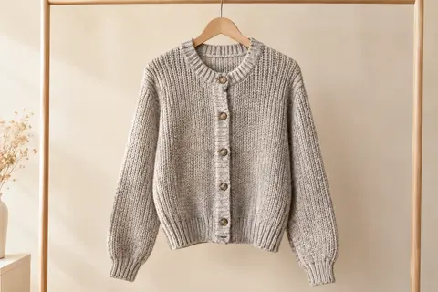 Cardigan femme en maille épaisse à col rond et manches longues, présenté seul sur un cintre