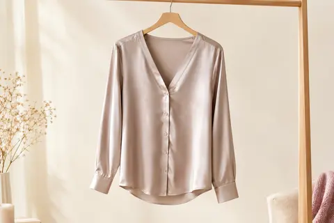 Chemisier femme en satin uni avec col V, manches longues et patte de boutonnage discrète sur cintre