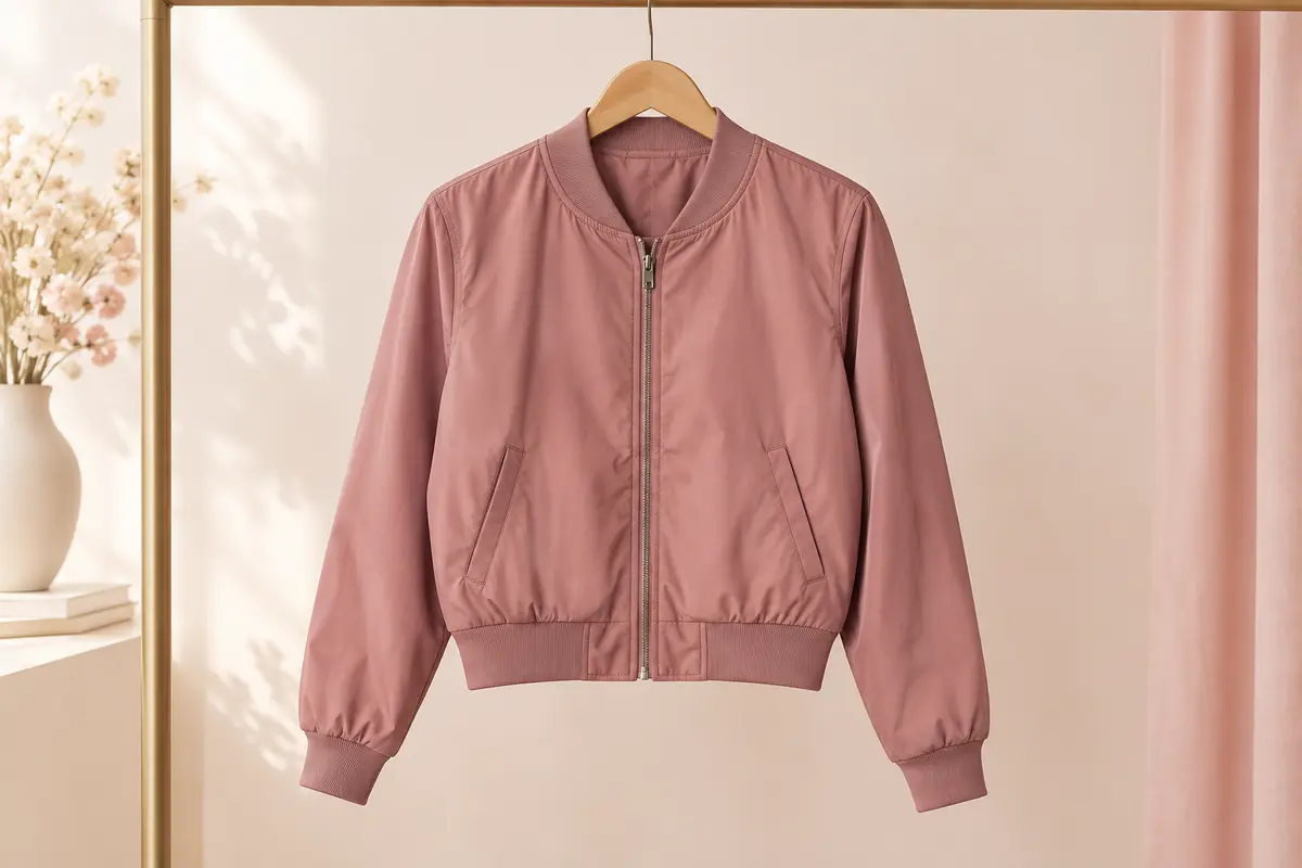 Veste bomber femme unie à fermeture zippée, avec col, poignets et ourlet côtelés, présentée sur un cintre.