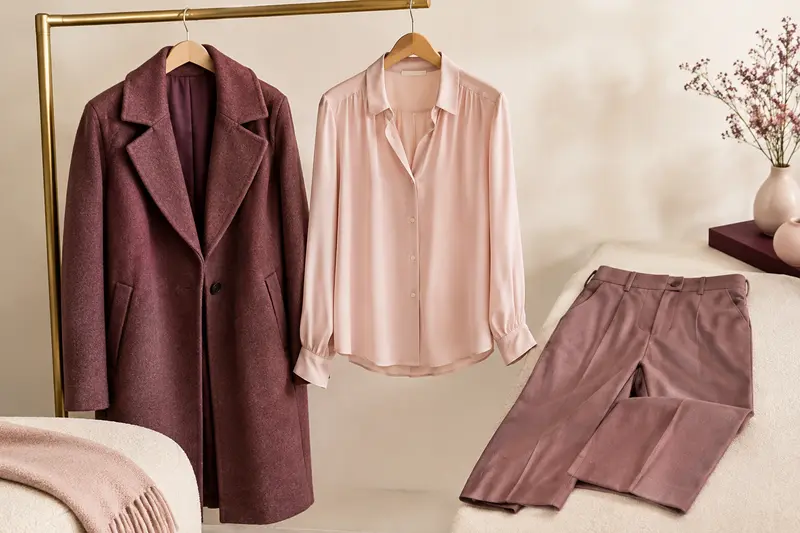 Manteau, chemisier et pantalon présentés seuls dans une composition lumineuse aux tons doux